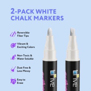 TFIVE White Liquid Chalk Markers - 2 Pack Bright Colors Erasable Chalk Marker Pens, Reversible Tip, Non-Toxic, for Chalkboards, Signs, Glass, Easy to use Chalk markers TF800