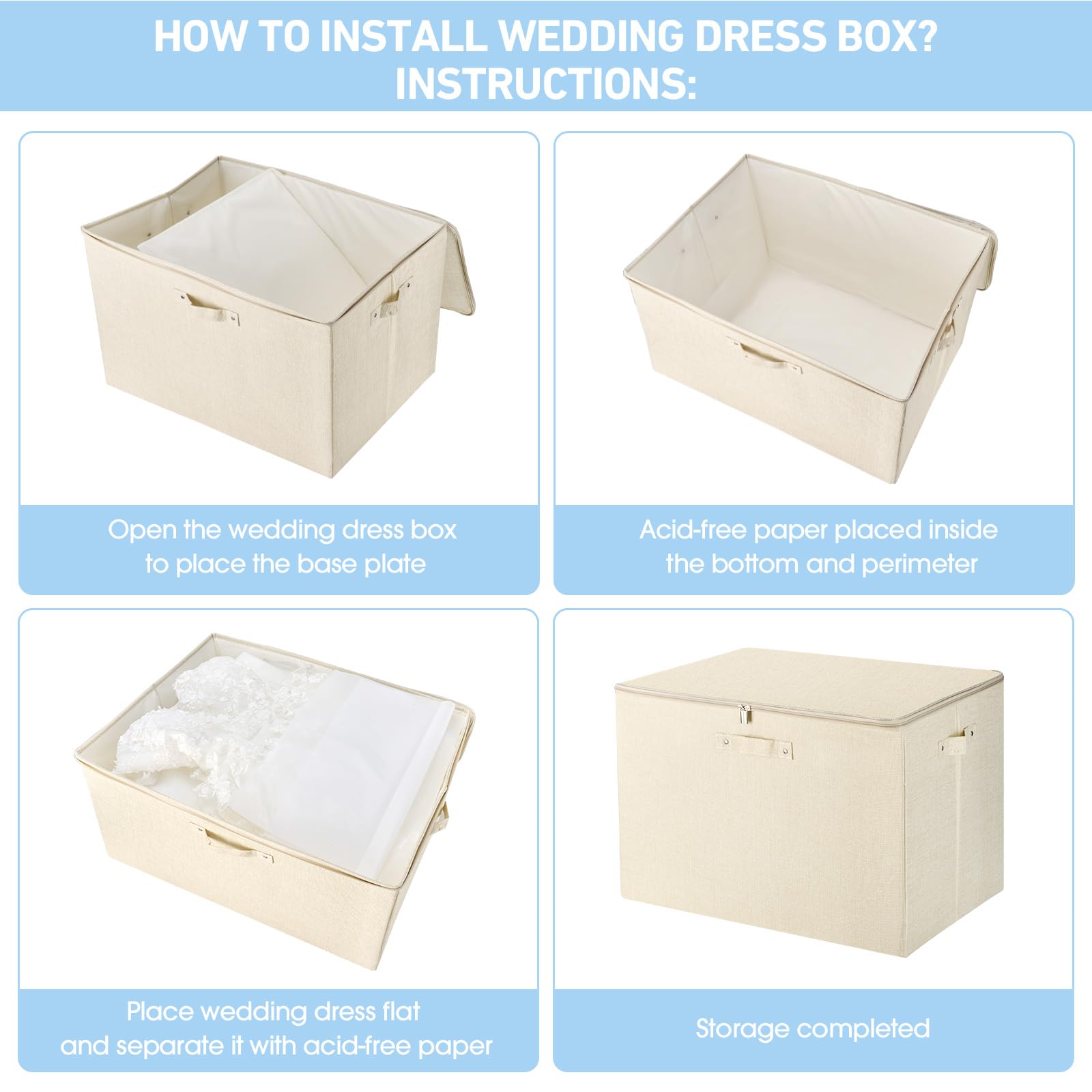 BlissfulAbode Wedding Dress Box - Wedding Dress Preservation Box with 20 Sheets of Acid Free Tissue Paper for Wedding Dress Storage Box Kit,Heirloom Wedding Gown Storage Box - Bride Musthaves