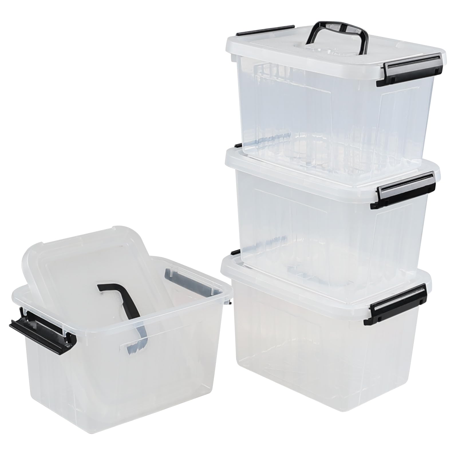 Knifefish 4 Packs Plastic Stackable Storage Container Bin with Lid and Latch, Plastic Latching Box with Handle, 5 L