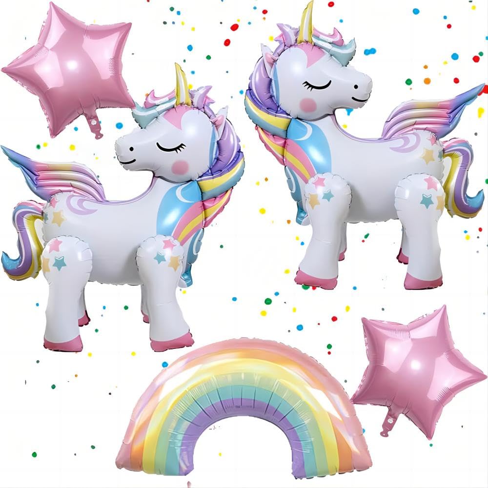 5 Pcs Self Standing Unicorn Balloons 3D Rainbow Balloon Star Balloons Unicorn Party Supplies Foil Unicorn Balloons For Unicorn Birthday Party Decorations