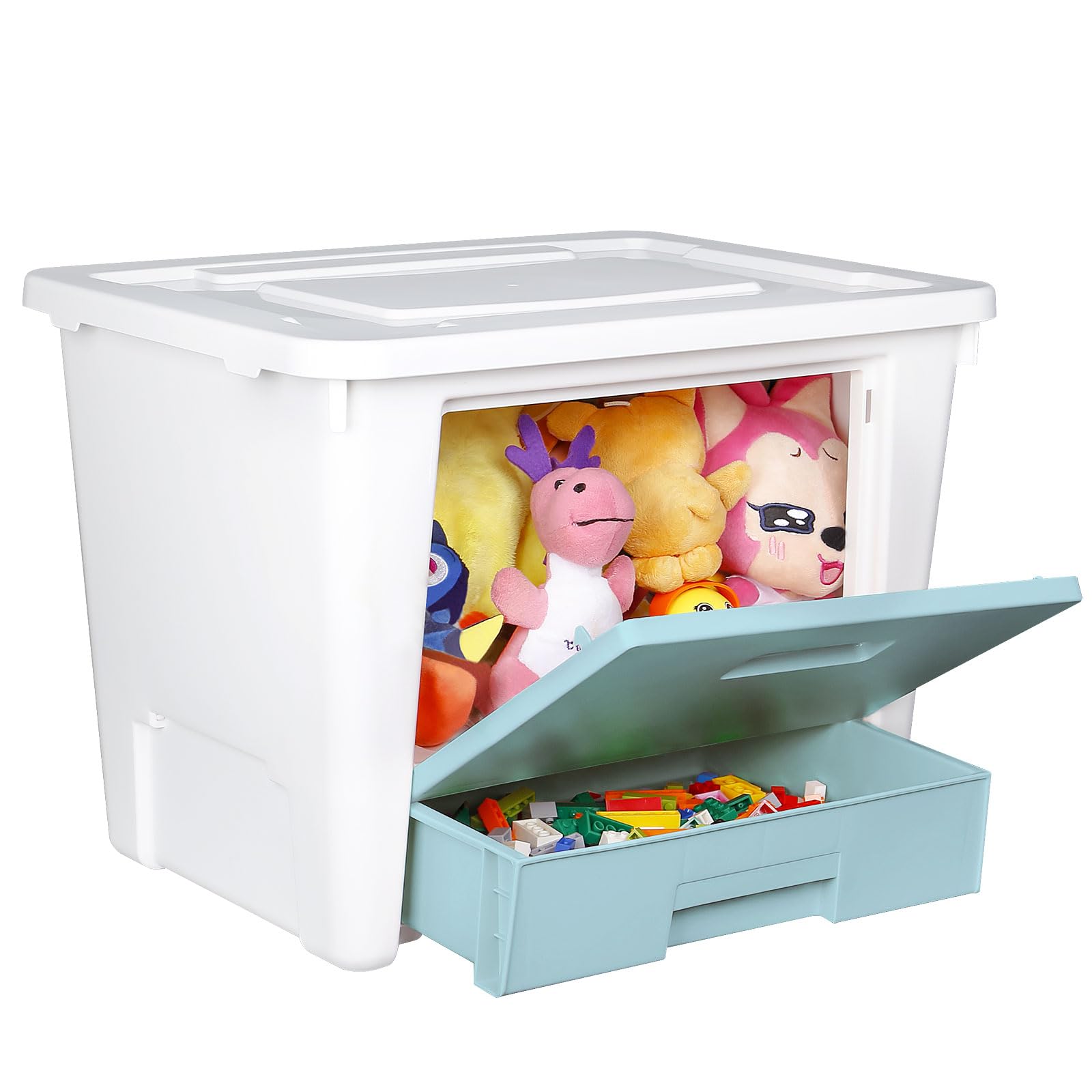 loobuu 3 Pack Plastic Toy Storage Organizer Box with Side Lids,40QT Toys Storage Chest Bin with Drawer, Large Stackable Storage Container Bin for Kids, Boys, Girls, Nursery, Playroom