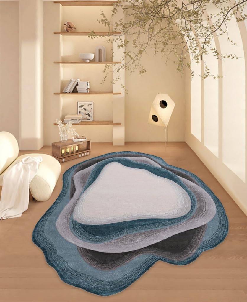 Irregular Shape Blue Grey Faux Wool Washable Area Rug 4x6 Non Shedding Modern Abstract Rug for Bedroom Livingroom Lux Aesthetic Office Diningroom Floor Carpet Runners