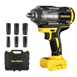 cordless impact wrench compatible with 20v battery (no battery) 1/2" brushless high torque impact gun with max 627ft-lbs (850n.m) power, 6 sockets, belt clip, tool bag