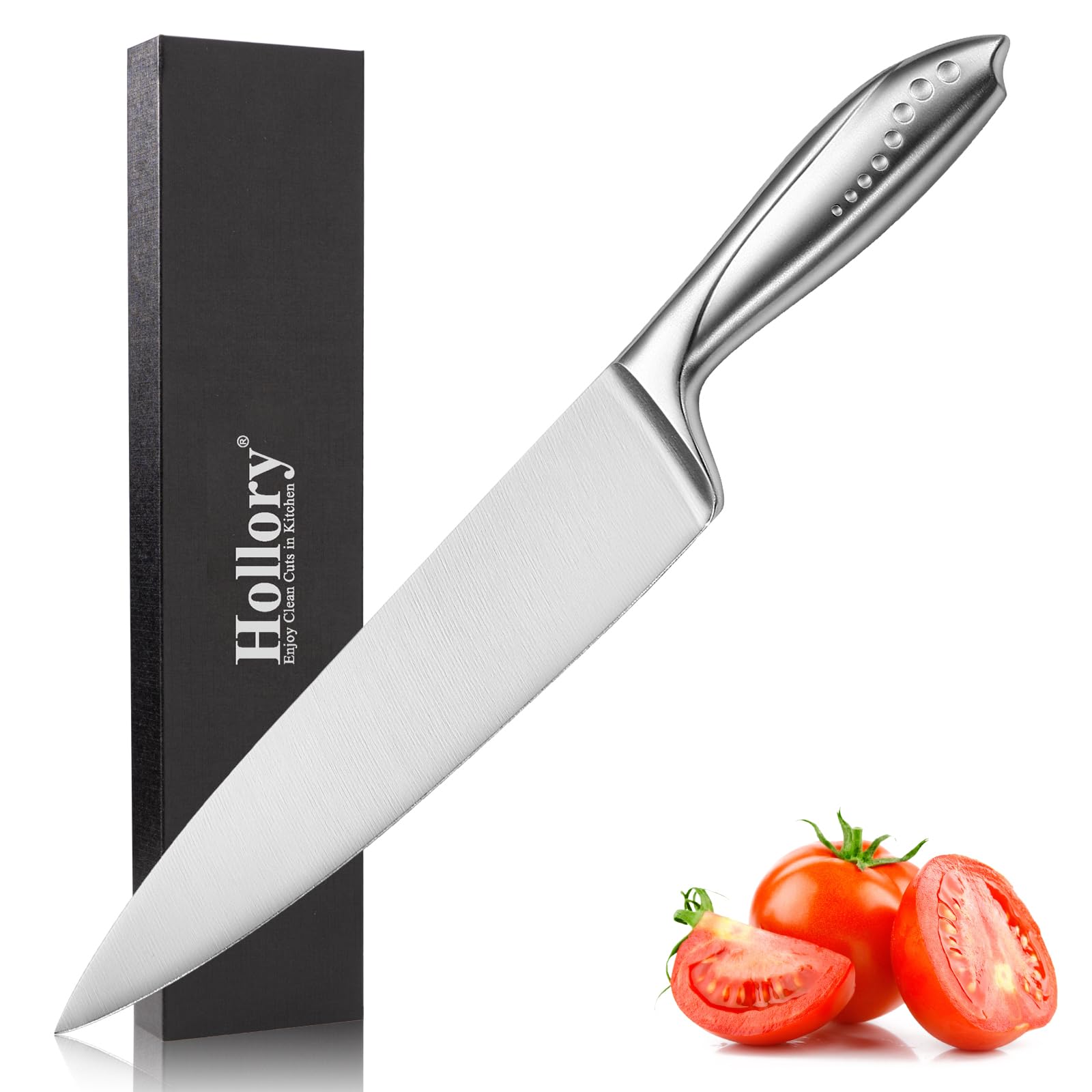 Hollory 8 Inch Chef Knife, German High Carbon Stainless-Steel Blade and Ergonomic Comfortable Handle, Non-Stick Chef Knife for Cutting of Meat Vegetables and Fruits-Silver