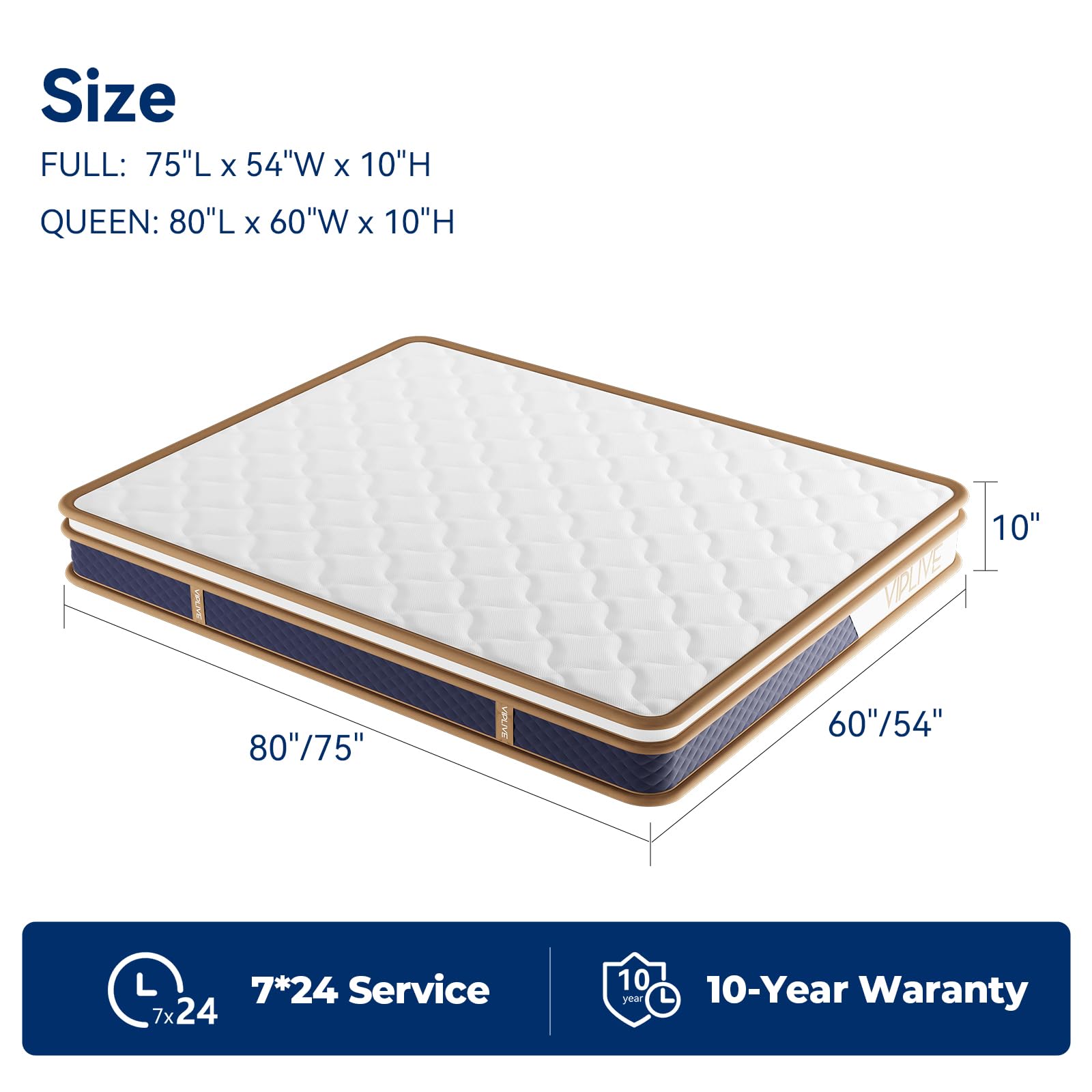 Viplive Full Size Mattress, 10 Inch Memory Foam Mattress, Soft and Comfortable Medium Firm Mattress in A Box with Individual Pocket Springs, 75" L*54" W*10" H