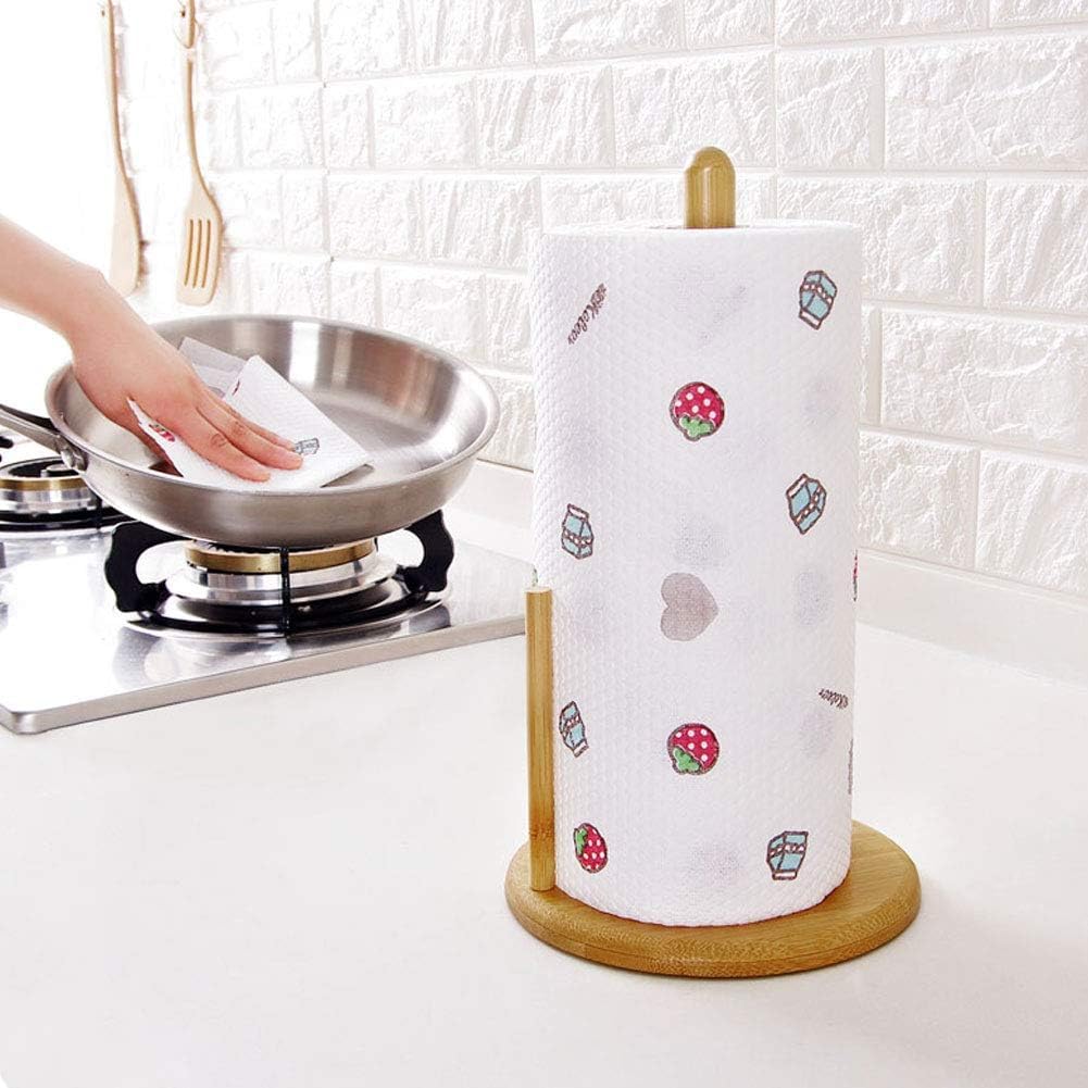 Wood Paper Towel Holder, Wooden Paper Towel Holder Countertop with Wooden Base, Kitchen Roll Holder Paper Towel Stand Countertop & Roll Organizer for Table, Free-Standing Kitchen Roll Holder