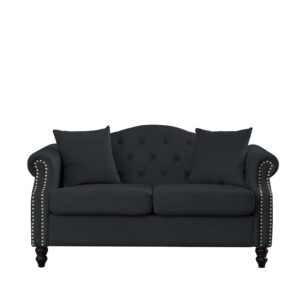 chesterfield sofa velvet for living room, lounge sofa tufted couch with rolled arms and nailhead for living room, bedroom, office, apartment (black, 2-seater)