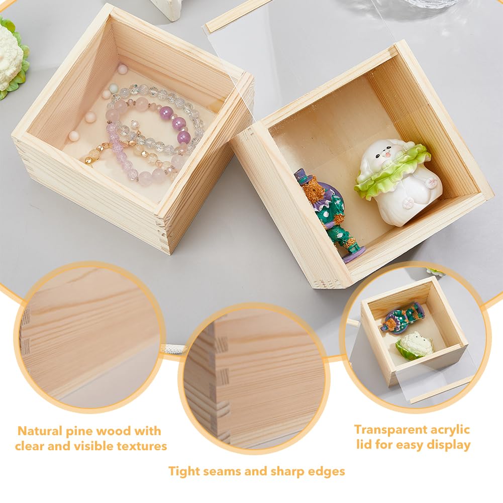 DICOSMETIC 2Pcs Slide Square Wood Box Unfinished Wood Storage Box with Transparent Sliding Lid 11.9CM Visible Wood Gift Box for DIY Craft Storage and Decorative Organizer, 4.7x4.7x3