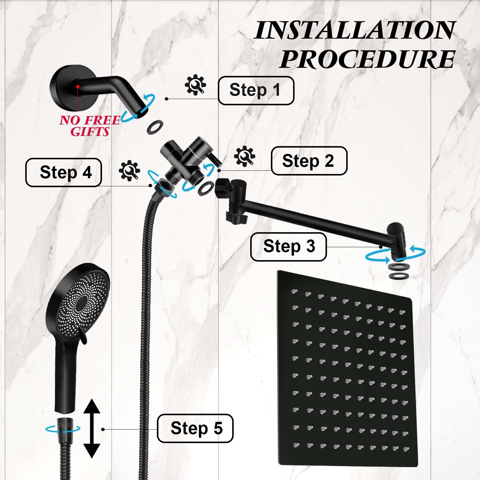 Shower Head,8”Rain Shower Head with Handheld Spray Combo with 11'' Angle Adjustable Extension Arm/Flow Regulator/Shower System,High Pressure Rainfall Shower Head Clean Bathroom, Black (Matt Black)