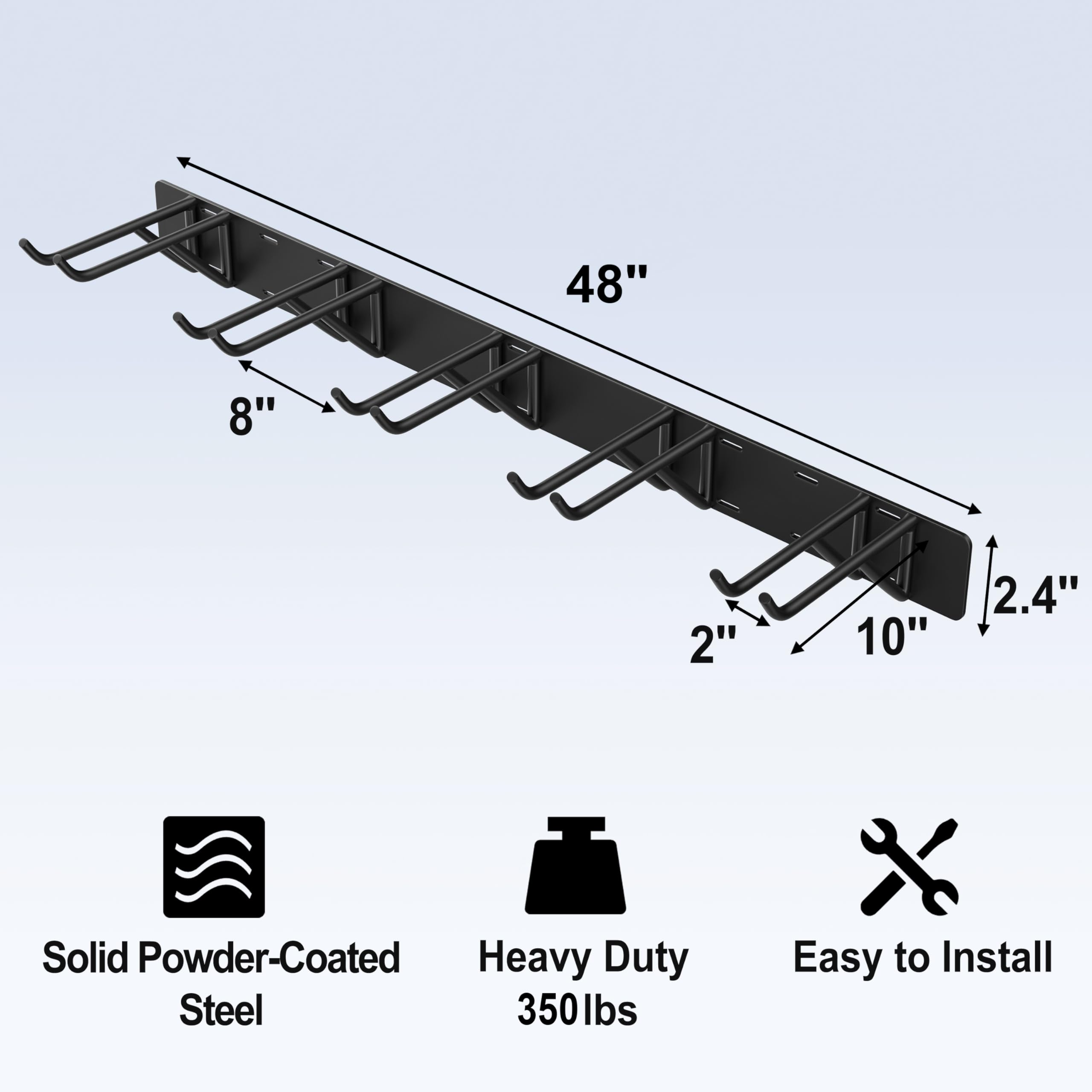 Fun Memories Garage Garden Tool Organizer Wall Mount 48 Inch Long, Garage Organization and Storage, Shovel & Rake Hangers Yard Tool Rack, Industrial Steel Holds 350lbs Capacity, 2 Pack