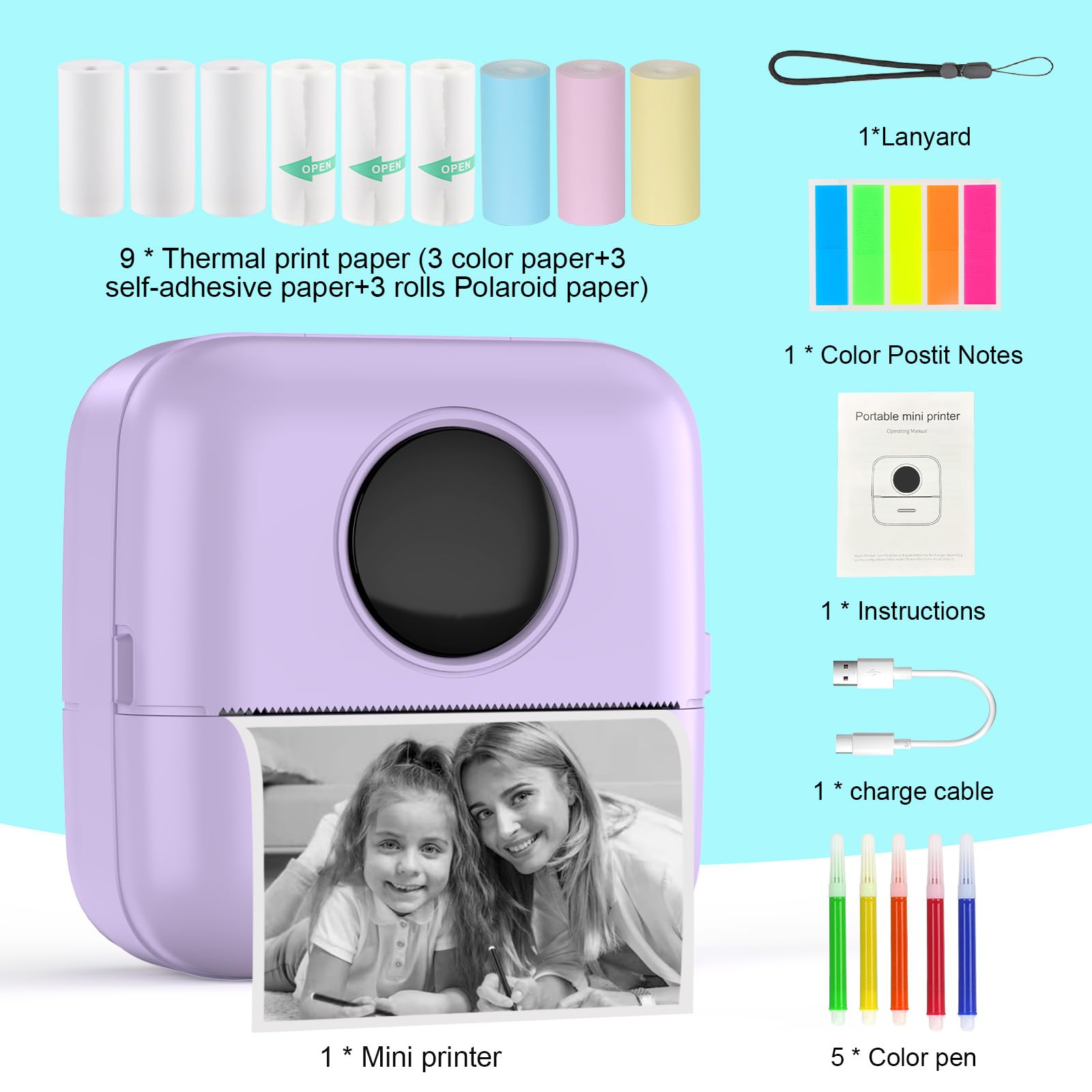 HuiJuKeJi Inkless Sticker Printer Mini Thermal Printer with 10 Rolls Thermal Paper,Color Pen for iOS&Android,Bluetooth Pocket Printer Smart Portable Receipt Printer for Photo Journal Notes Memo-Purple