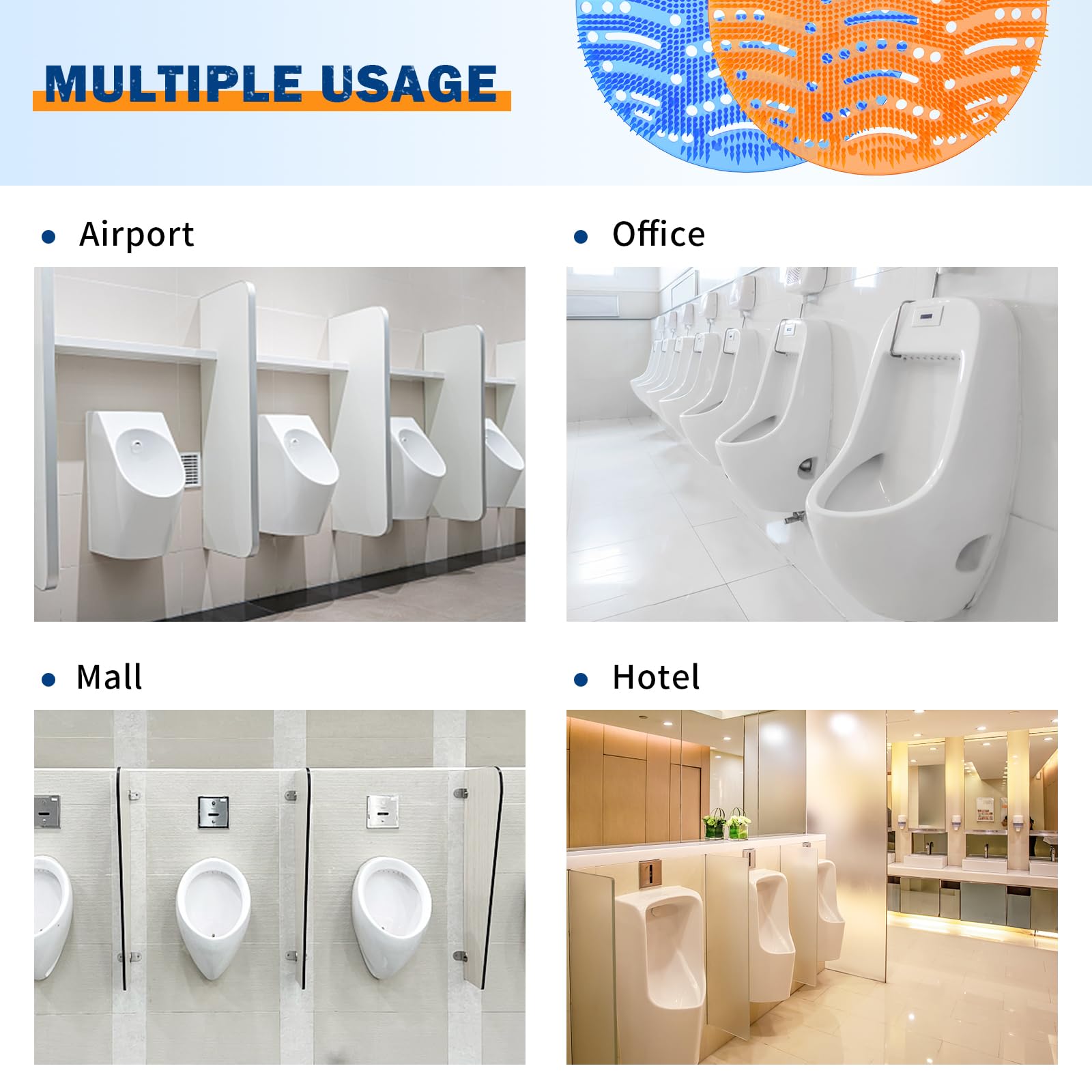 Urinal Screen Deodorizer(50 pack), Anti-Splash Urinal Screens Cakes with Long-Lasting Fragrance for Men Toilet Bathroom Airport Office Mall Hotel (25 Blue, 25 Orange)