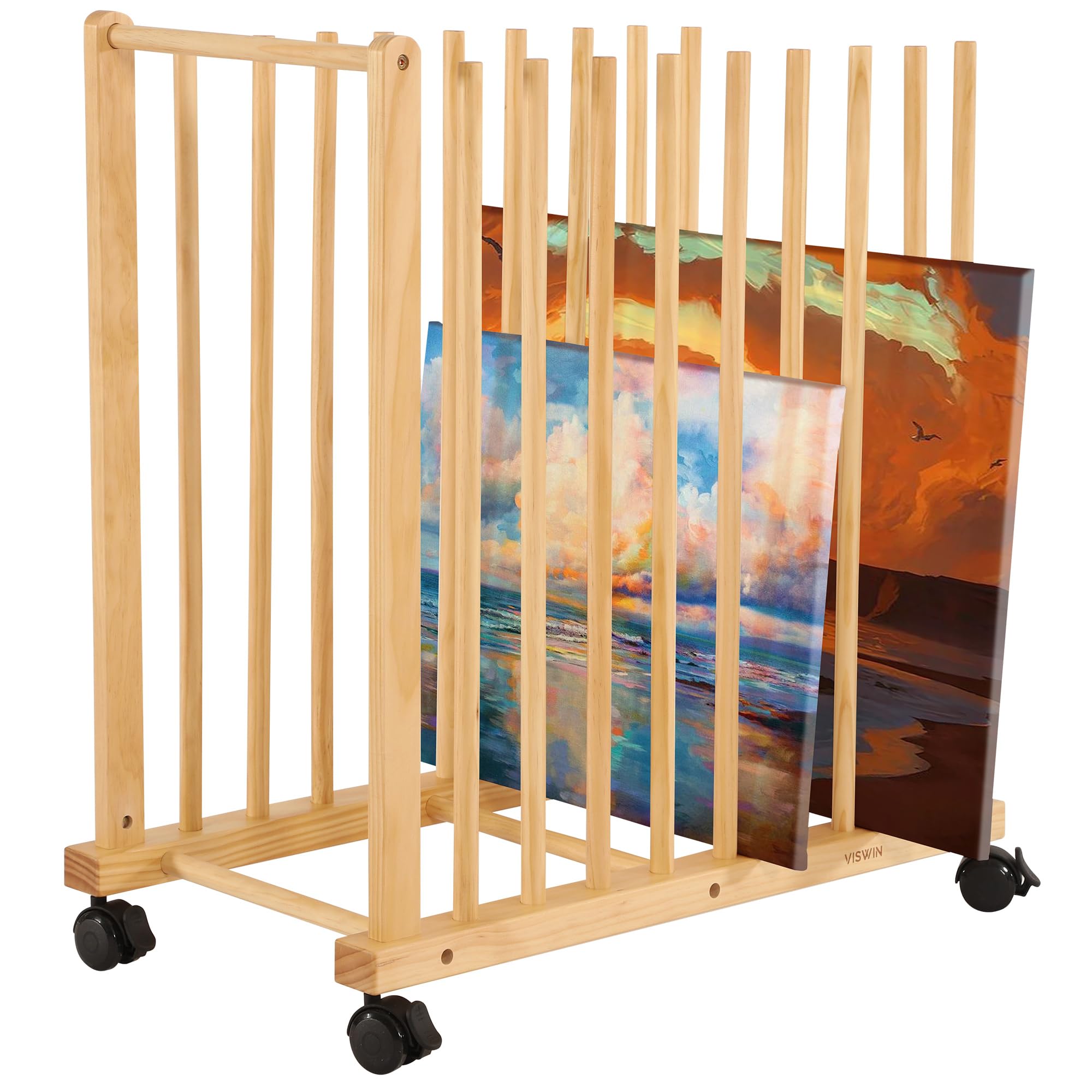 VISWIN Wooden Large Print Rack with Rolling Casters & Armrest, Art Storage Organizer, Art Storage Rack, Drying Rack Art for Canvas, Artwork, Prints, Panels, Posters, Art Shows & Galleries