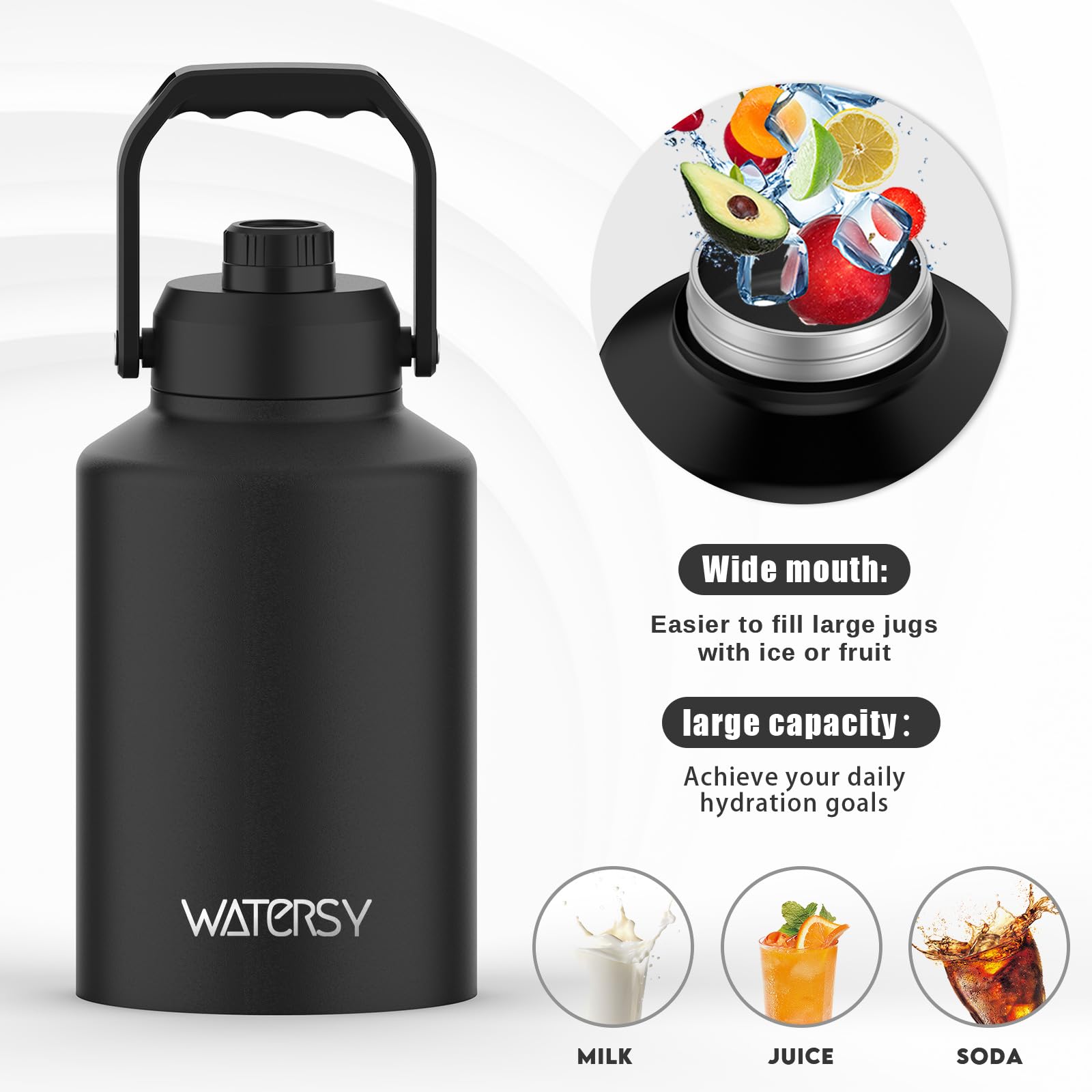 WATERSY 1 Gallon Water Bottle Insulated(Cold for 48 Hrs),BPA Free&Leak Proof,128oz Stainless Steel Water Jug,Big thermos,Large Water Bottle with Handle for Gym,Hiking,Camping&Travel,Black