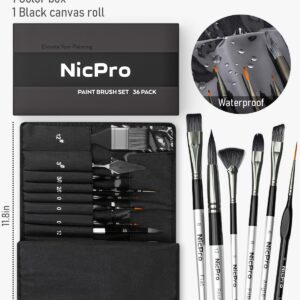 Nicpro 36pcs Paint Brush Set, Professional Paintbrushes with Palette Knife and Cloth Roll, Suitable for Artists and Beginners for Acrylic Painting, Oil, Watercolor, Gouache