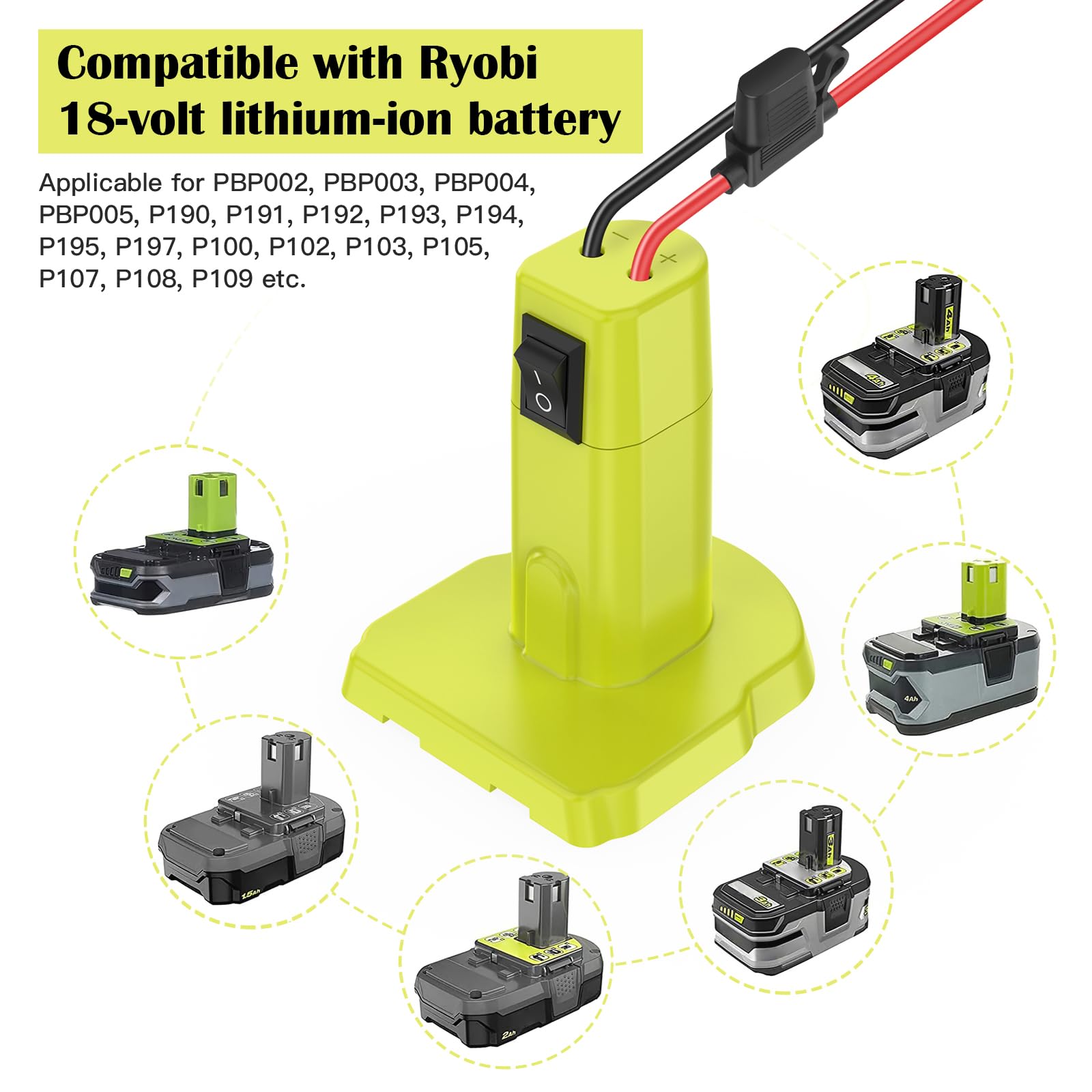 KOEZEOI Power Wheels Adapter for Ryobi 18V Battery Adapter Power Wheels Battery Converter Kit with Fuse & Switch and Wire Harness Connector 12AWG Wire for DIY Rc Car Toys and Ride On Truck