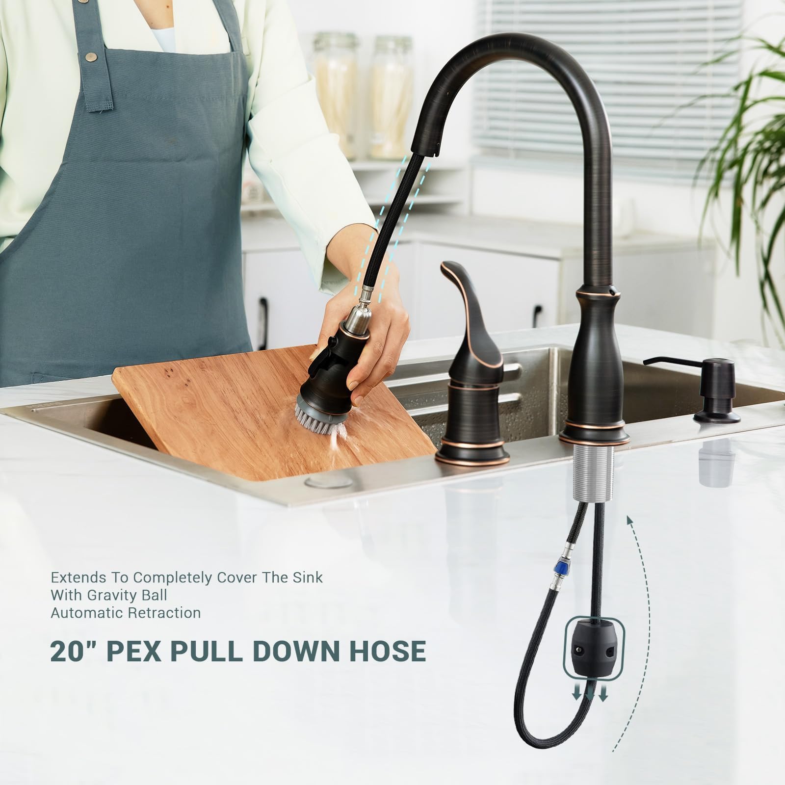 APPASO 3 Hole Kitchen Faucet, Bronze Kitchen Sink Faucet with Pull Down Sprayer 3 Modes, Oil Rubbed Bronze Kitchen Faucet with Soap Dispenser and Separate Handle, Kitchen Faucet 3 Pieces, Zinc Alloy