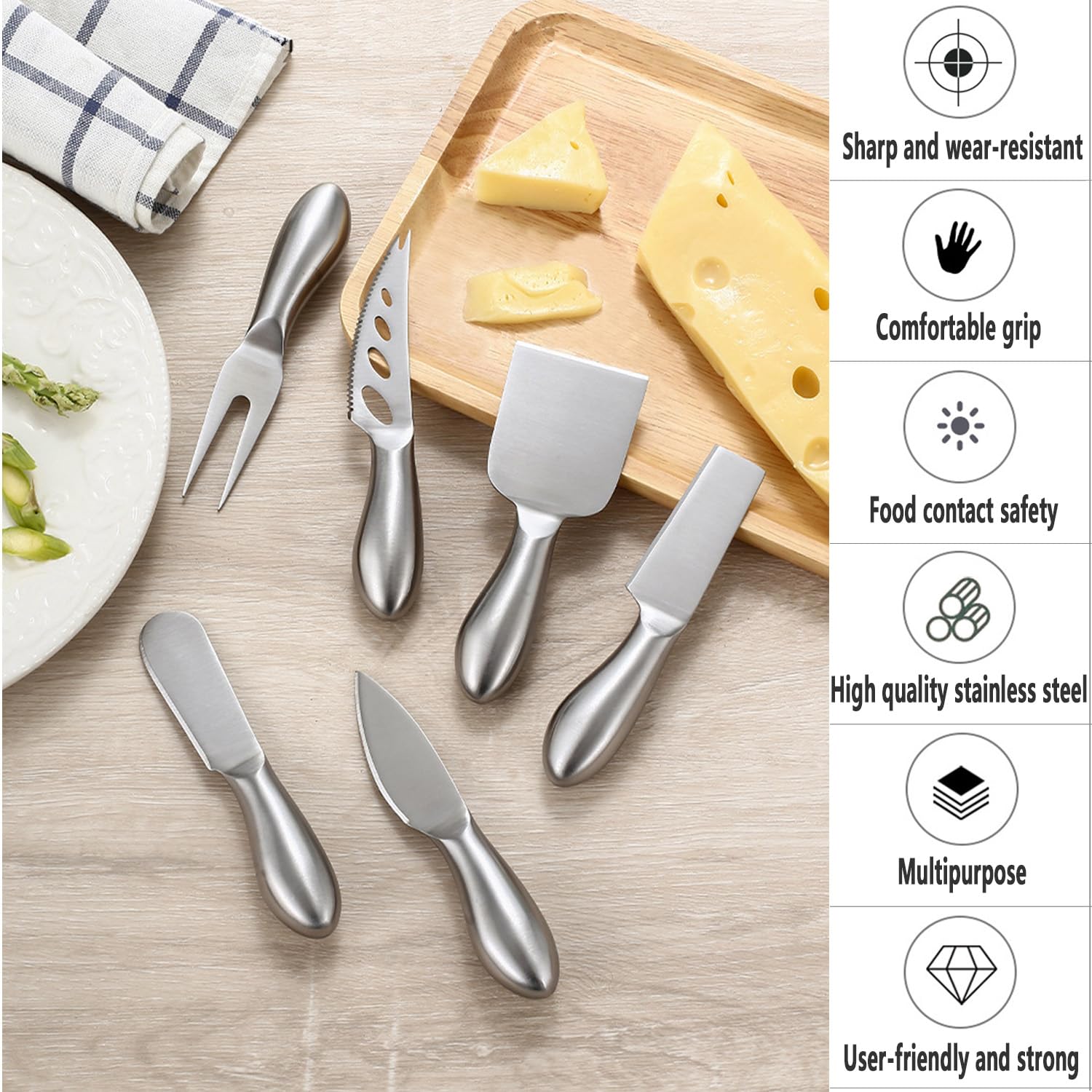 DBZQSCW 6-Piece Cheese Knife Set, Premium Stainless Steel Cheese Knives with Gift Box, Cheese and Charcuterie Board Collection matching tools(6pcs)