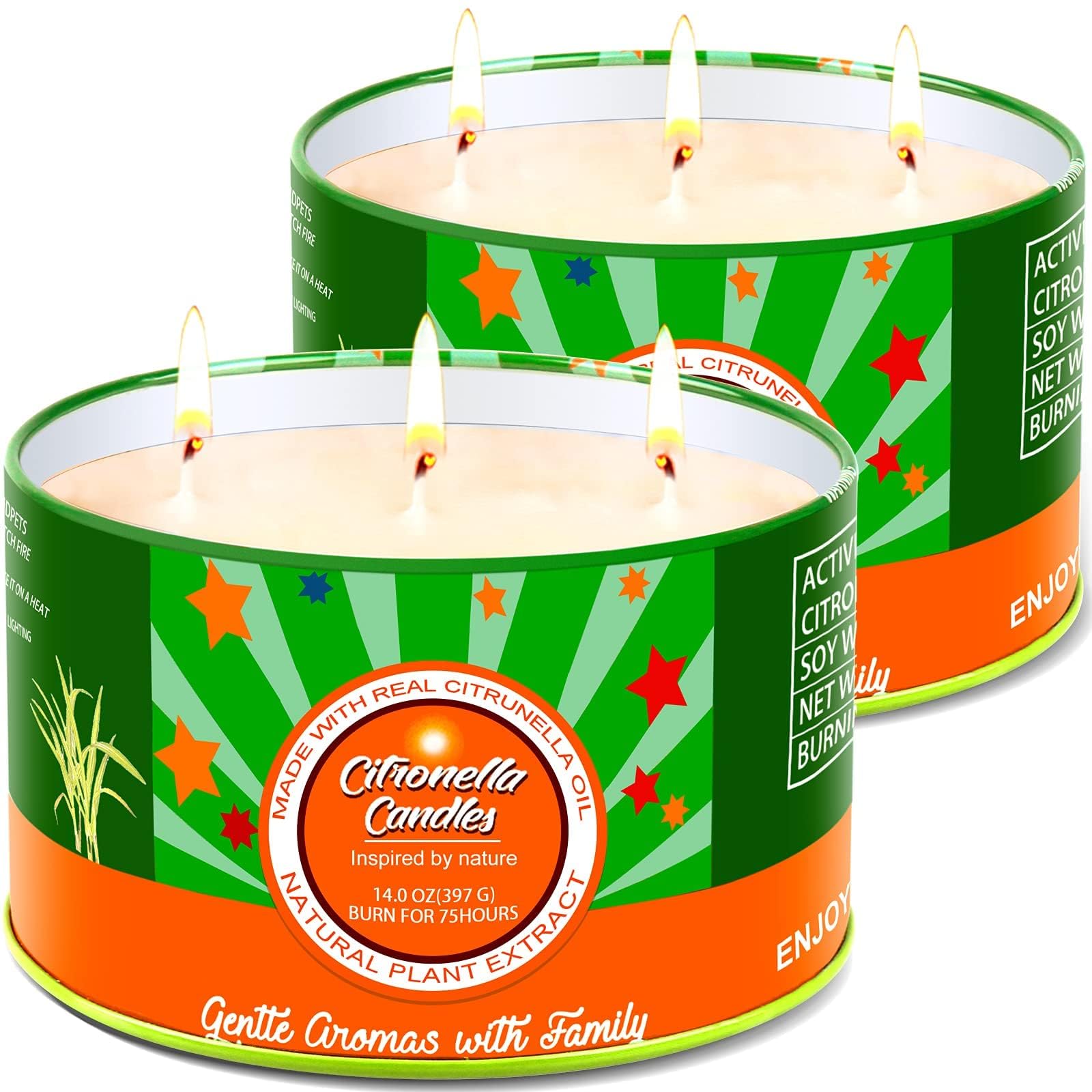 Citronella Candles Outdoor Large, 2 x 14oz 3-Wick Natural Soy Scented Jar Candles (Total 28OZ), 150 Hours Burning Time Outdoor Candles Set for Home Garden Patio Yard Balcony Camping BBQ