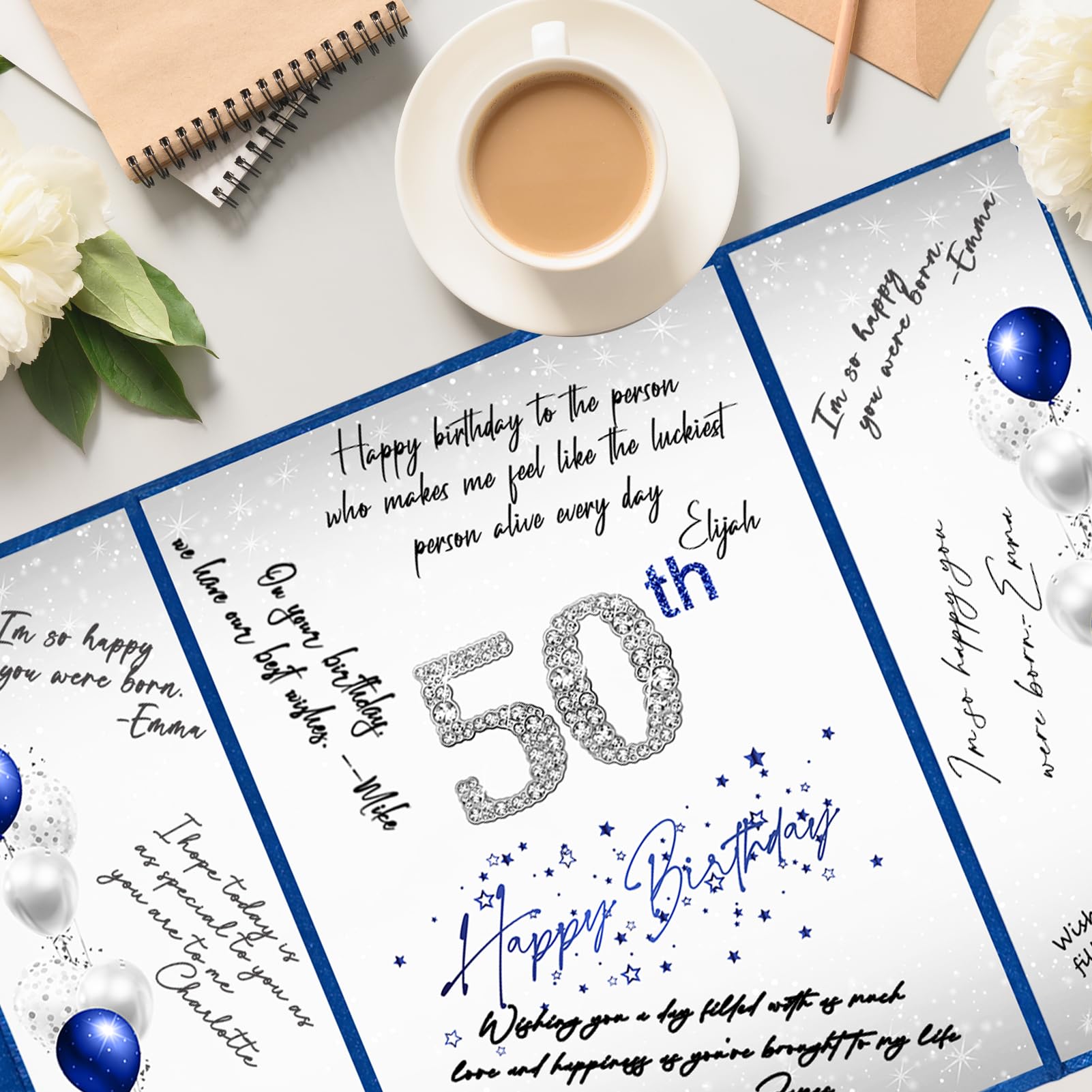 Crenics 50th Birthday Decorations for Men or Women, Creative 50th Birthday Guest Book Alternative, Blue and Silver 50 Birthday Signature Book 18 x 12 inch, Great 50th Birthday Gifts