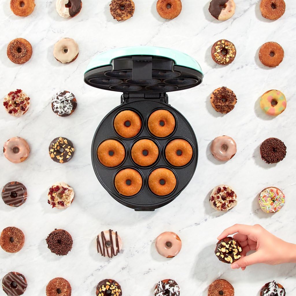 Donut Maker, Electric Non-Stick Surface Makes 7 Small Doughnuts Mini Donut Maker Machine, Mini Doughnut Maker Pancake Maker for Breakfast, Snacks, Desserts & More, Azure