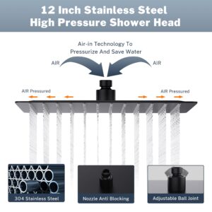 Cenosa All Metal Rain Shower Head 12 Inch High Pressure Shower Head with Handheld Spray Combo with Adjustable Shower Extension Arm, 7-Spray, 3-Way Dual Shower Head Black