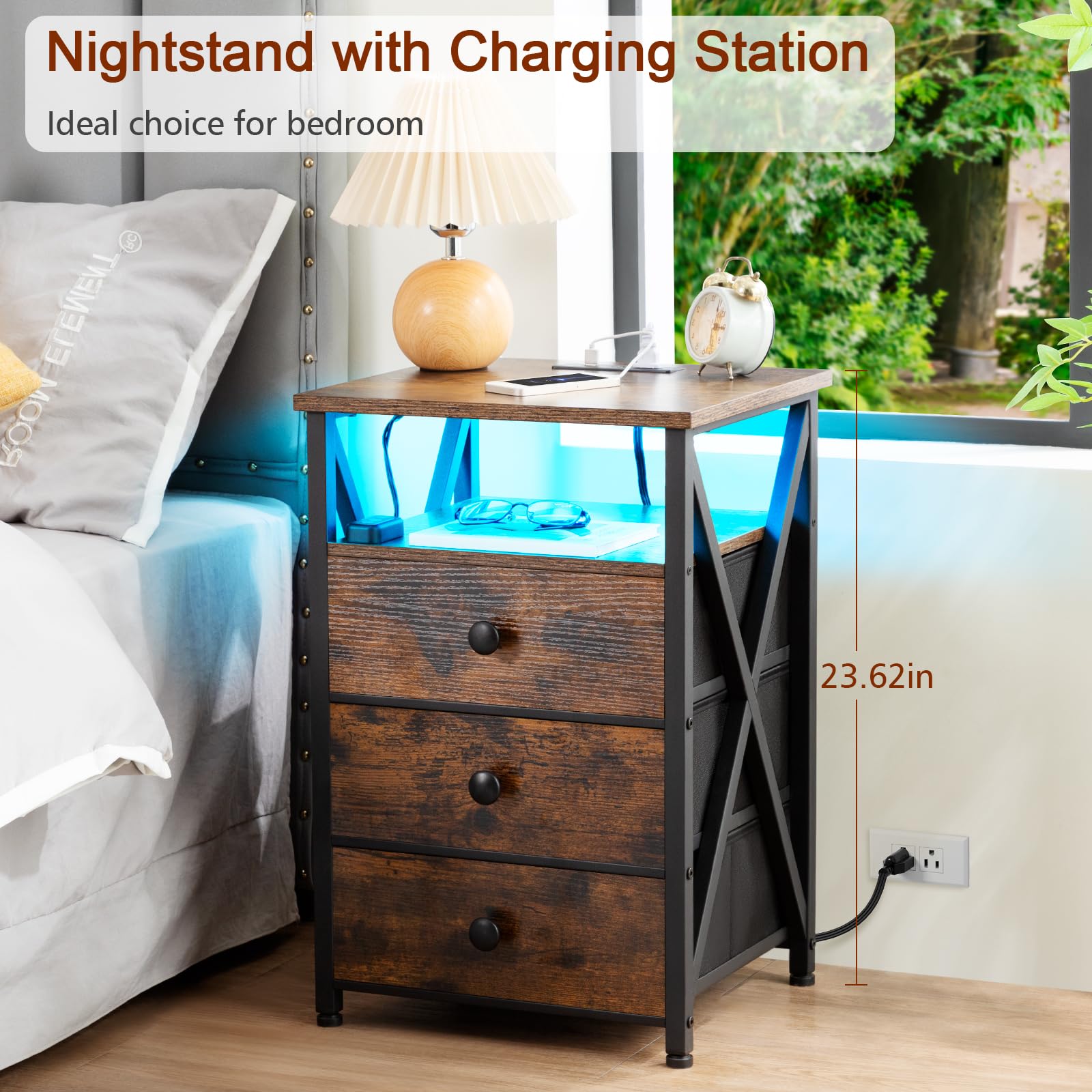 AMHANCIBLE LED Nightstand with Charging Station, Smart End Side Table with USB Port & Power Outlet, Bedside Table with Fabric Drawers for Bedroom, Living Room, Rustic Brown, HET053LBR-1