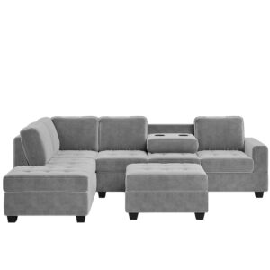 UBGO L-Shaped Sectional Sofa with Convertible Chaise Longue with Storage Footrest and 2 Cup Holders, Velvet Upholstered Sofa for Living Room Office Apartment, Gray