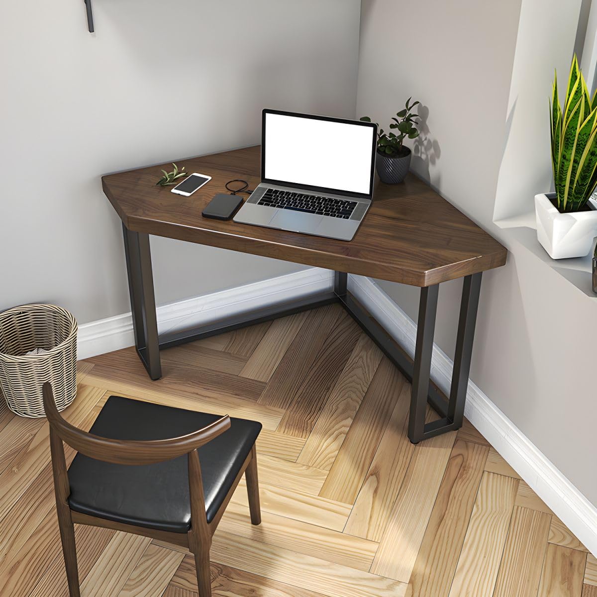 RUNNUP Modern Solid Wood Corner Desk Space Saving Small Desk Simple Computer Desk for Living Room, Bedroom, or Home Office, 31.5" L x 31.5" W x 29.5" H Triangle Without Chairs