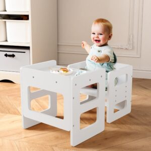 Montessori Weaning Table and Chair Set, Wooden Toddler Table and Chair Set, Adjustable Height Chair Step Stool,1-3 Year Old Kids Montessori Furniture-White