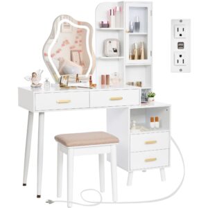 anwbroad white vanity with lighted mirror vanity desk with mirror and lights girls vanity with power outlet stool drawers shelves charging station 3 led lighting modes bedroom makeup table ubdt55w