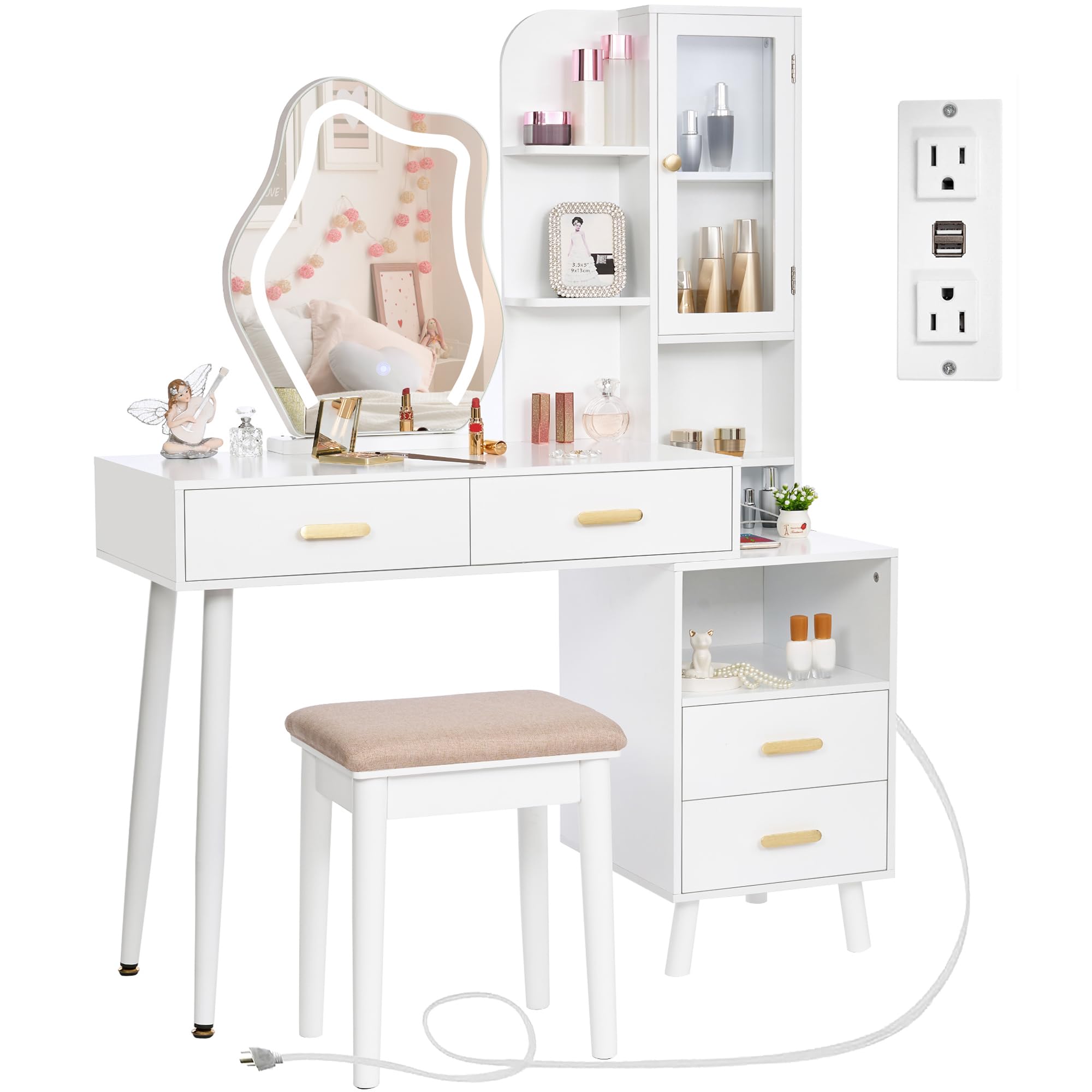 ANWBROAD White Vanity with Lighted Mirror Vanity Desk with Mirror and Lights Girls Vanity with Power Outlet Stool Drawers Shelves Charging Station 3 LED Lighting Modes Bedroom Makeup Table UBDT55W