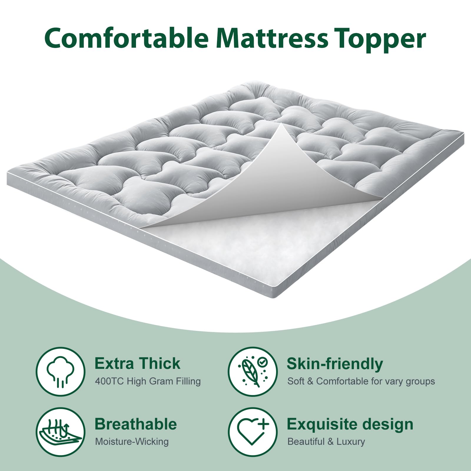 VISCOFLEX Mattress Topper King, Extra Thick Mattress Pad Cover for Back Pain, Thick Quilted Fitted Pillow Top King Bed Mattress Topper for Firm King Mattress，Grey