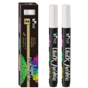 tfive white liquid chalk markers - 2 pack bright colors erasable chalk marker pens, reversible tip, non-toxic, for chalkboards, signs, glass, easy to use chalk markers tf800