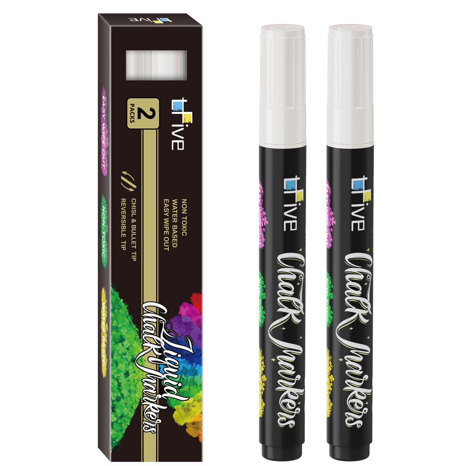 TFIVE White Liquid Chalk Markers - 2 Pack Bright Colors Erasable Chalk Marker Pens, Reversible Tip, Non-Toxic, for Chalkboards, Signs, Glass, Easy to use Chalk markers TF800