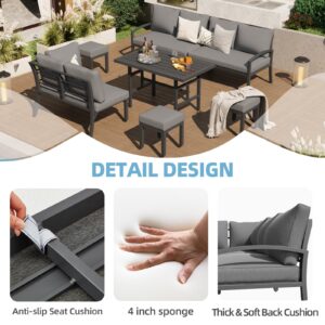 U-MAX Metal Patio Furniture Set, 7 Pieces Modern Outdoor Conversation Set Patio Furniture with Waterproof, Outdoor Dining Sofa Set with Table&Chair, Grey Cushions for Balcony, Porch, Lawn and More