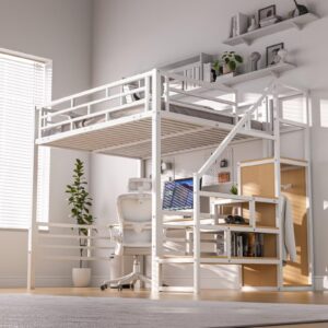 GM Ultra Full Size Loft Bed with Desk & Storage Stairs, Metal Loft Bed Frame with Wardrobe, Versatile High Loft Bed for Kids Teens Adults, Sturdy Slats Support, No Box Spring Needed, White