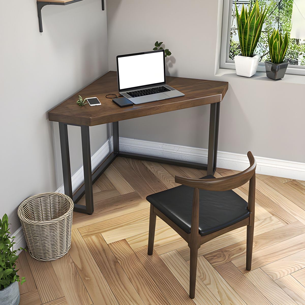 RUNNUP Modern Solid Wood Corner Desk Space Saving Small Desk Simple Computer Desk for Living Room, Bedroom, or Home Office, 31.5" L x 31.5" W x 29.5" H Triangle Without Chairs