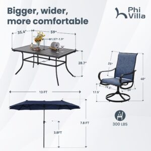 PHI VILLA 8 Piece Patio Dining Set with 13ft Patio Umbrella (Navy Blue), 6 Outdoor Swivel Dining Chairs & 1 Large Metal Dining Table with 1.57" Umbrella Hole, for Lawn Garden Backyard