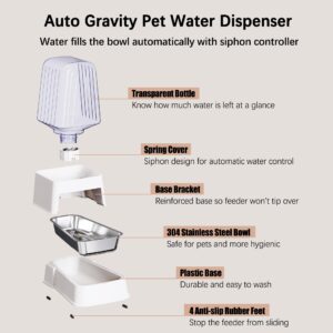 Hipidog Automatic Dog and Cat Food Feeder and Water Dispenser Set with Stainless Steel Bowls,Gravity Pet Food and Water Feeders,100% BPA-Free,Large Capacity for Cats Dogs Pets…(5L White)