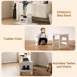 Montessori Weaning Table and Chair Set, Wooden Toddler Table and Chair Set, Adjustable Height Chair Step Stool,1-3 Year Old Kids Montessori Furniture-White