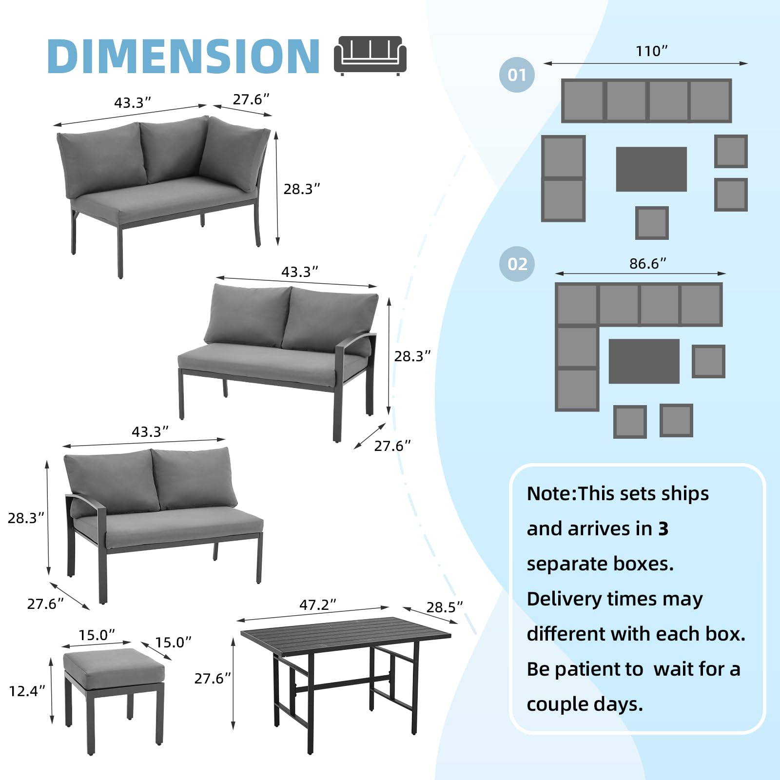 U-MAX Metal Patio Furniture Set, 7 Pieces Modern Outdoor Conversation Set Patio Furniture with Waterproof, Outdoor Dining Sofa Set with Table&Chair, Grey Cushions for Balcony, Porch, Lawn and More