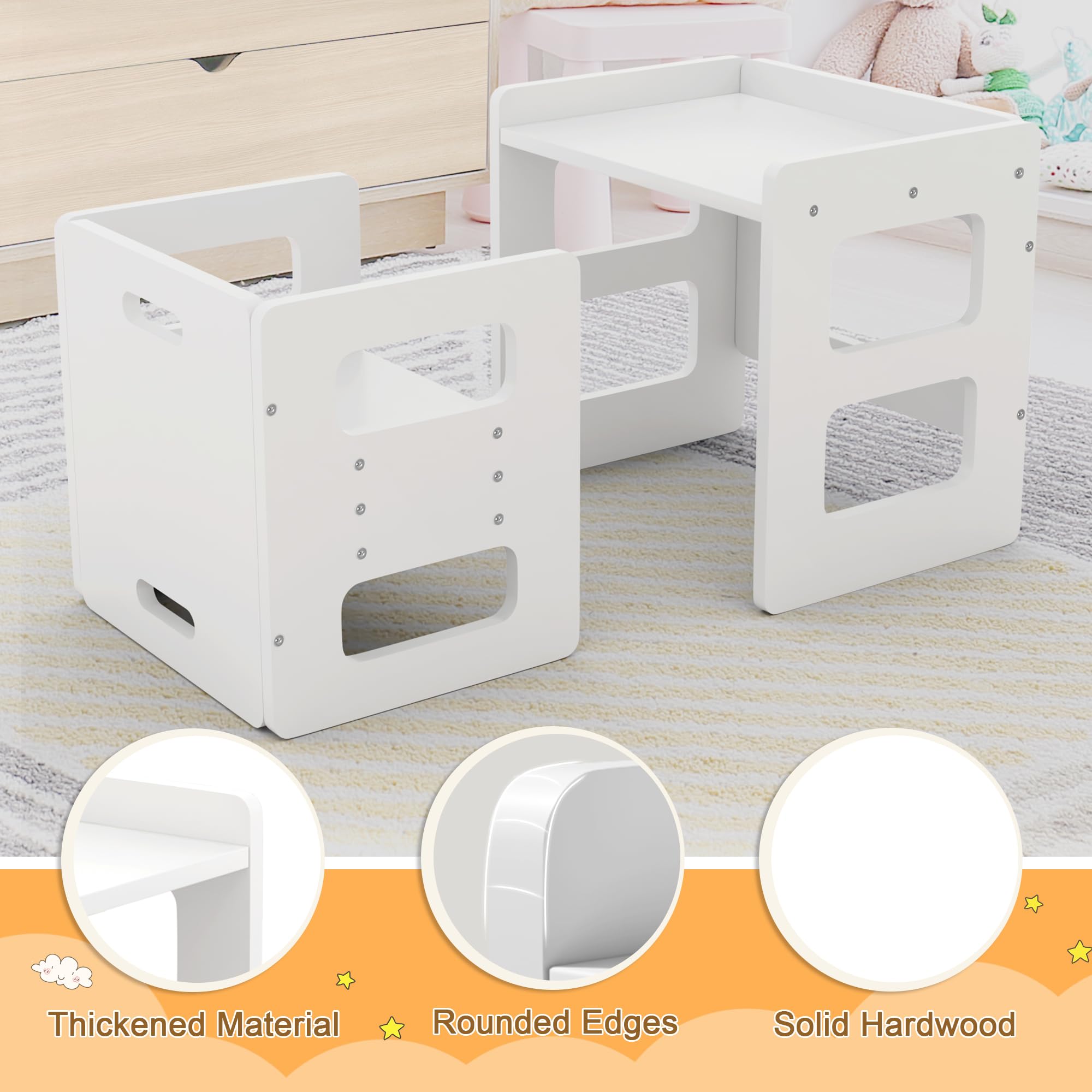 Montessori Weaning Table and Chair Set, Wooden Toddler Table and Chair Set, Adjustable Height Chair Step Stool,1-3 Year Old Kids Montessori Furniture-White