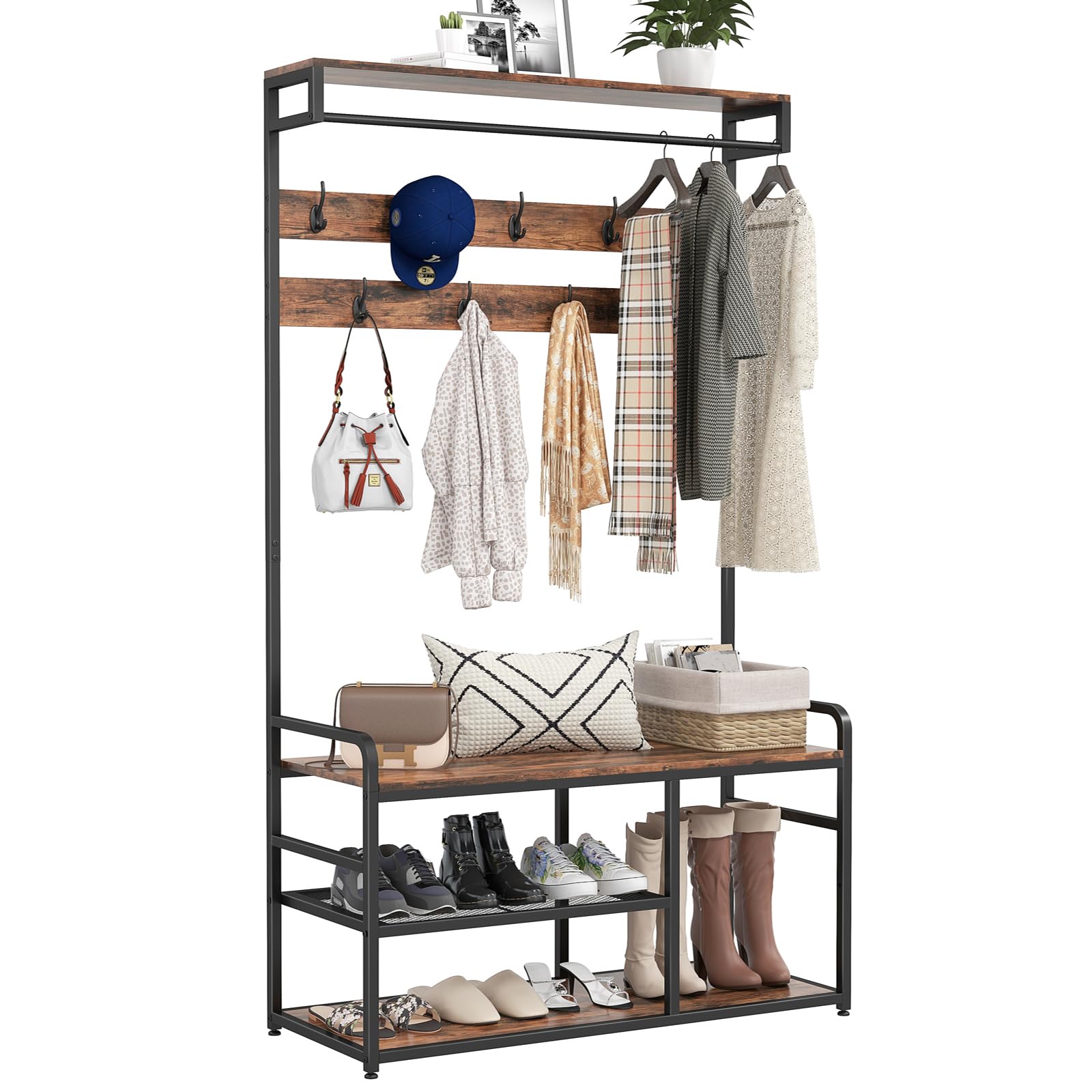 Livofloral Hall Tree Coat Rack with Storage, Entryway Hall Tree with 9 Hooks, Coat and Shoe Rack, Industrial Entryway Furniture with Shoe and Clothes Storage for Mudrooom, Rustic Brown