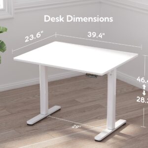 Claiks Glass Standing Desk, Small Electric Standing Desk Adjustable Height, 40 Inch Adjustable Stand Up Desk, Quick Install Home Office Computer Desk, Super White