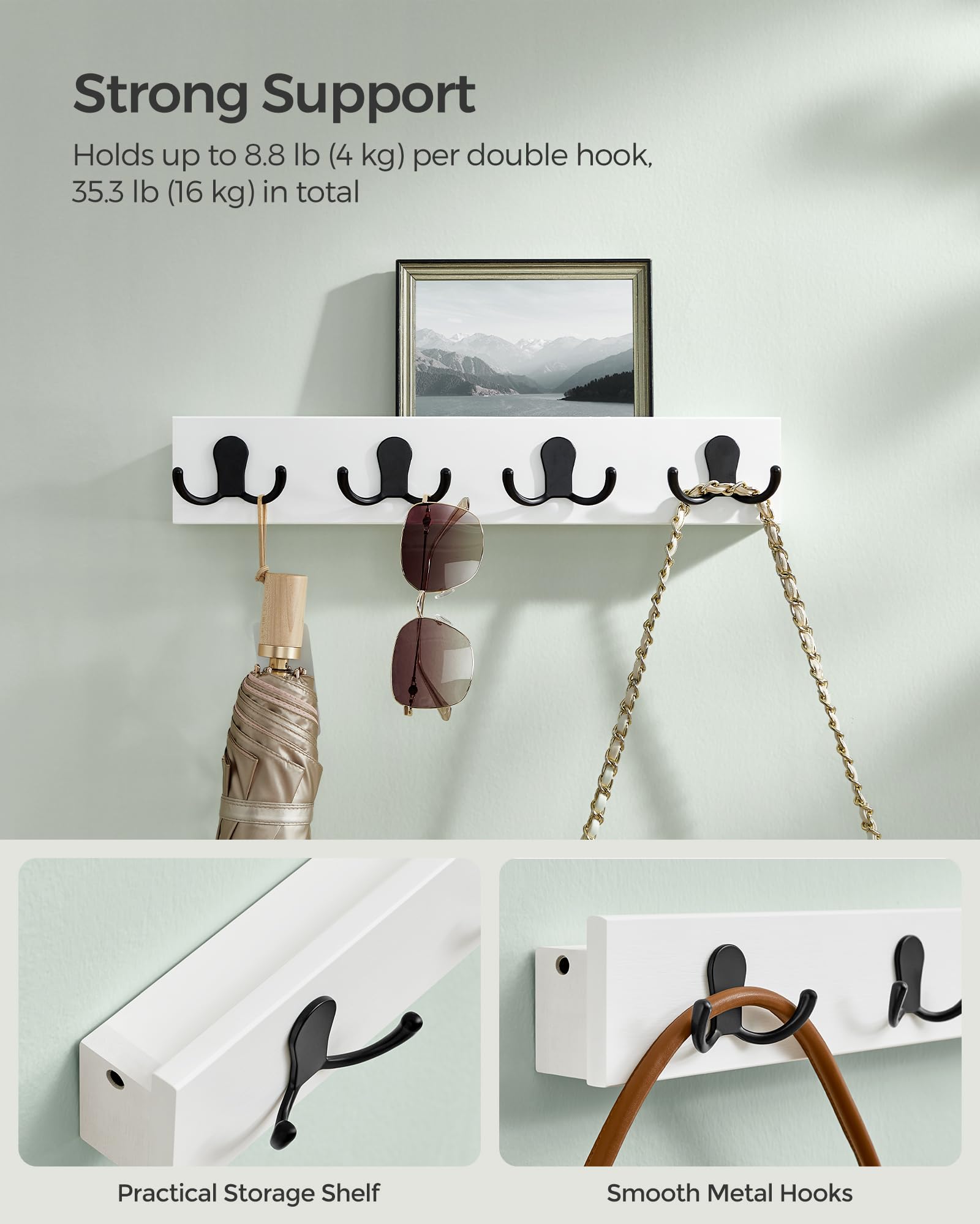 SONGMICS Coat Hooks Wall Mount, Coat Hanger Wall Mount, 4 Double Metal Hooks for Bags, Hats, Towels, for Entryway, Living Room, Bedroom, Loads up to 35.3 lb, Cloud White ULCR006W01