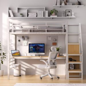 GM Ultra Full Size Loft Bed with Desk & Storage Stairs, Metal Loft Bed Frame with Wardrobe, Versatile High Loft Bed for Kids Teens Adults, Sturdy Slats Support, No Box Spring Needed, White