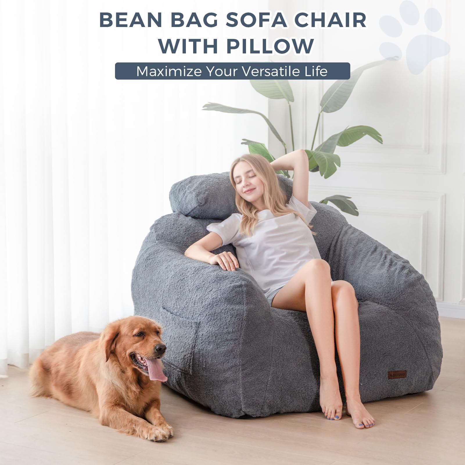 MAXYOYO Giant Bean Bag Chair with Pillow, Boucle Bean Bag Sofa for Adults,Large Upholstered Bean Bag Couch Lazy Sofa with Filler for Reading, Gaming