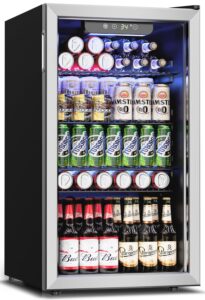 feelfunn beverage refrigerator cooler - 126 can mini fridge glass door for drinks soda beer wine - small refrigerator for office bedroom home bar, 4 adjustable shelves, 3.2 cu.ft, silver