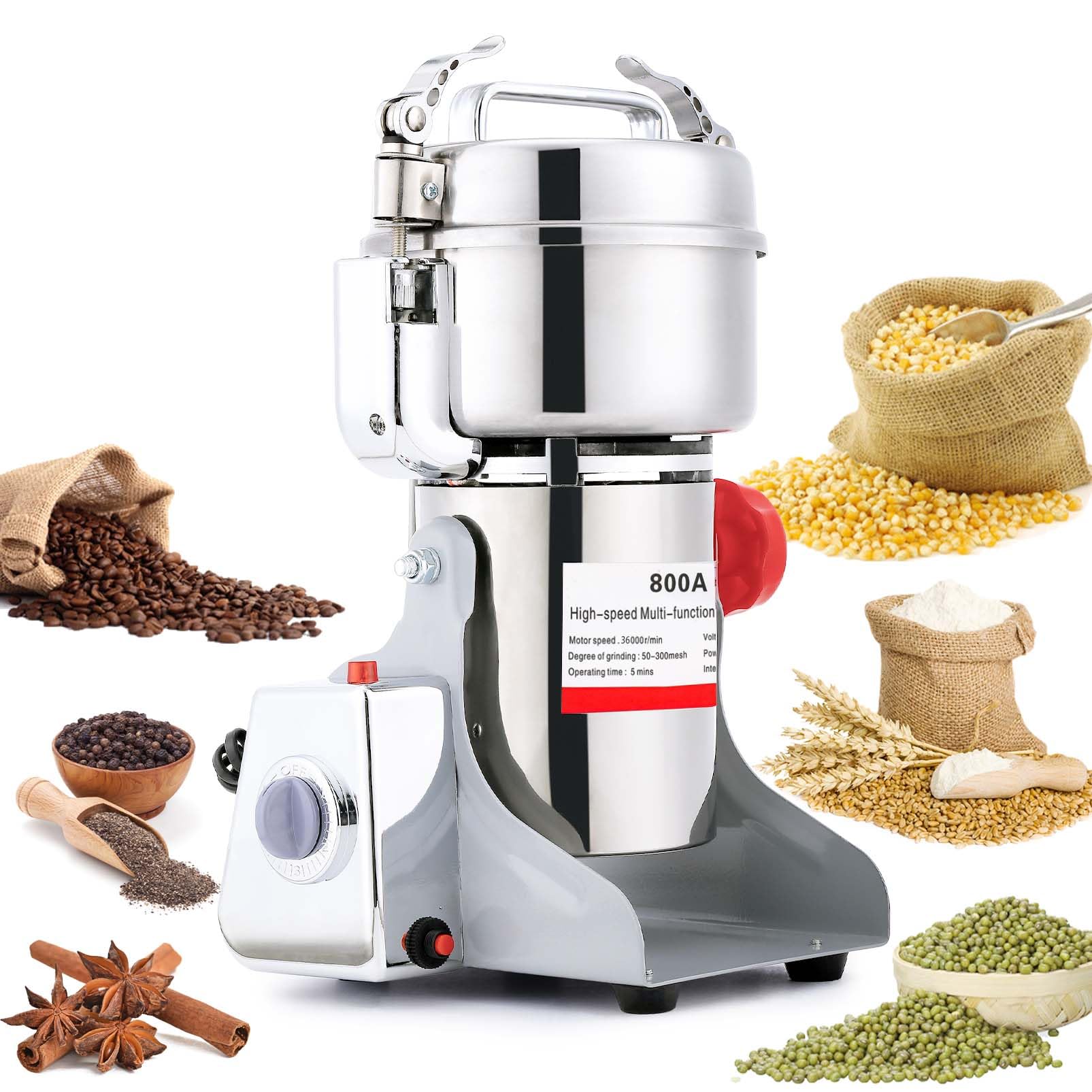 BI-DTOOL 800g Electric Grain Mill Grinder 36000r/min High-speed Grain Spice Herb Grinder 1800W Dry Grinder Machine 304 Stainless Steel Superfine powder Grinder for Kitchen Home and Commercial